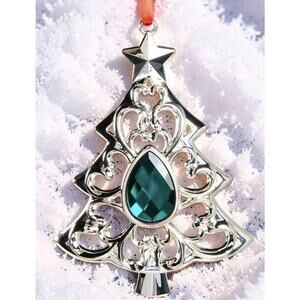 Lenox Gemmed Bejeweled Tree Ornament Emerald Green Crystal Silverplate Gift